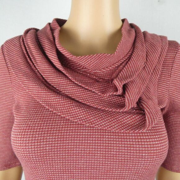 Deletta Anthropologie Red Brown White Striped Pleated Neck Mock Blouse Elbow XS - Picture 2 of 7